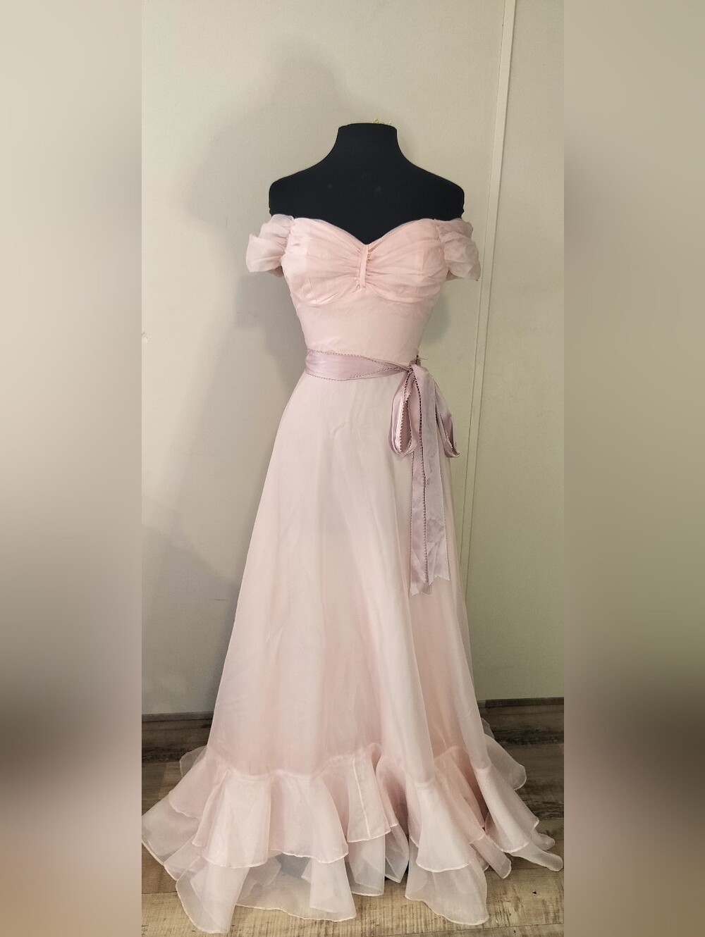 Vintage 70s Off-Shoulder Blush Pink Prom Gown with Satin Waist Tie